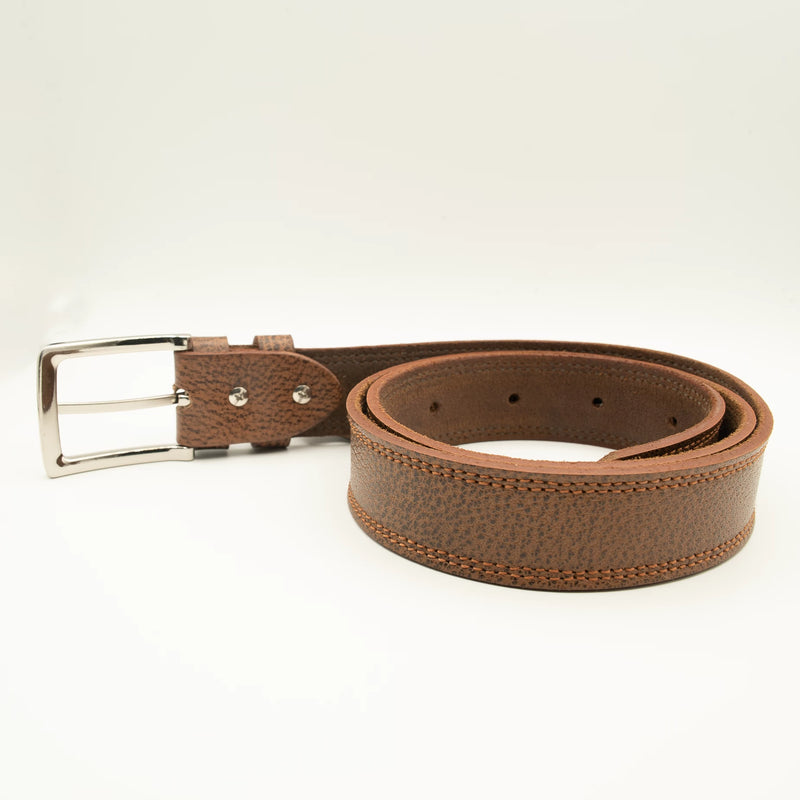 Dual-Tone Brown Leather Belt Double Stitched