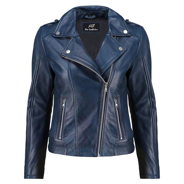 Women’s Vintage Blue Lambskin Leather Biker Jacket