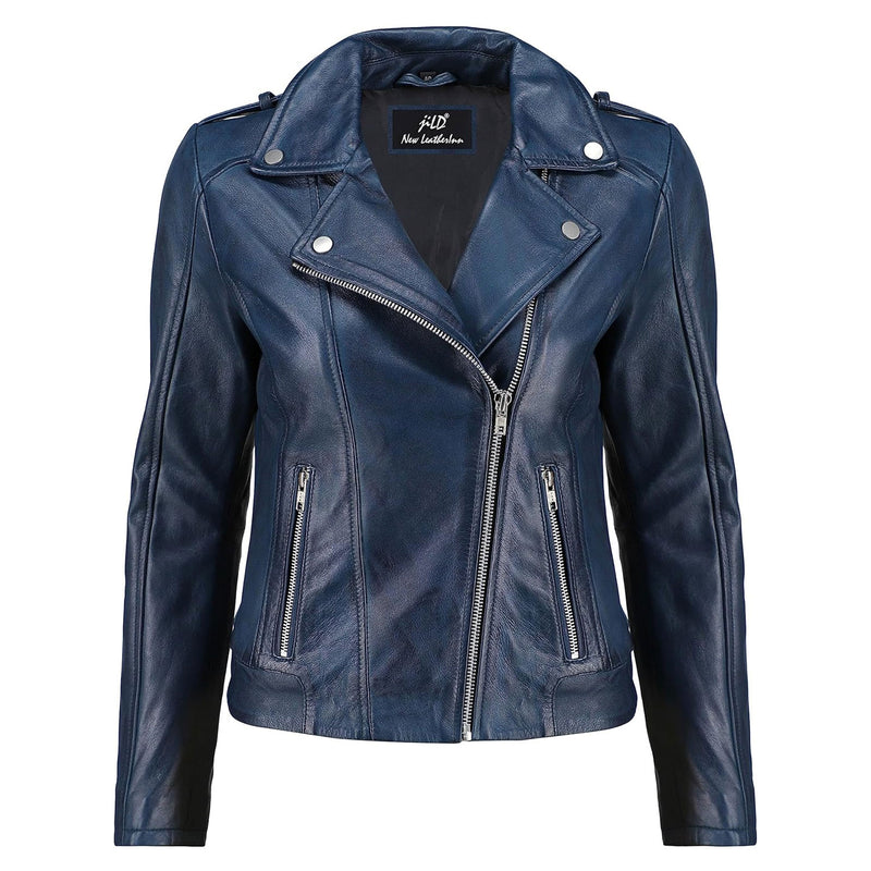 Women’s Vintage Blue Lambskin Leather Biker Jacket