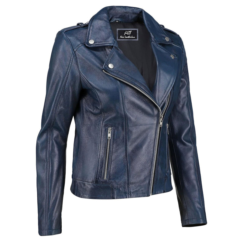 Women’s Vintage Blue Lambskin Leather Biker Jacket