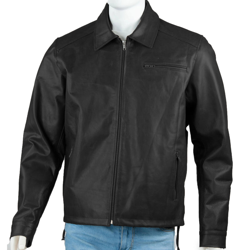 Men’s Classic Full-Grain Leather Jacket – Shirt Collar & Minimalist Front Zip