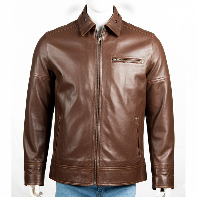 Men’s Classic Leather Jacket – Snap Collar & Clean Stitch Finish