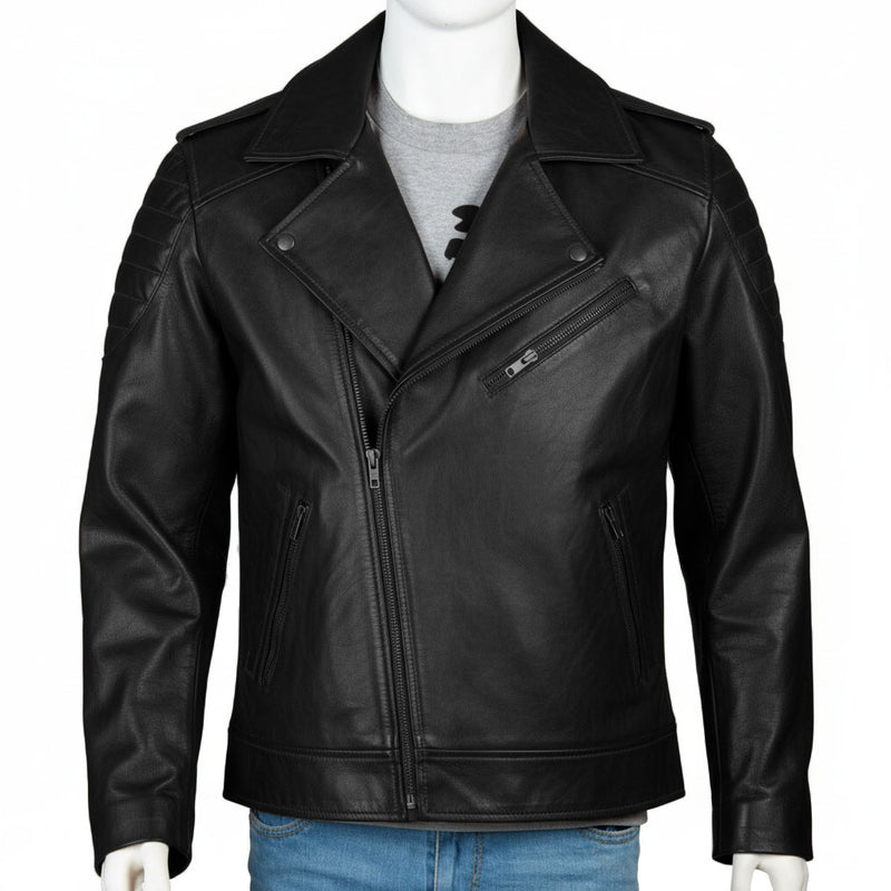 Men’s Full-Grain Cowhide Leather Biker Jacket – Classic Moto Lapel & Zip Pockets