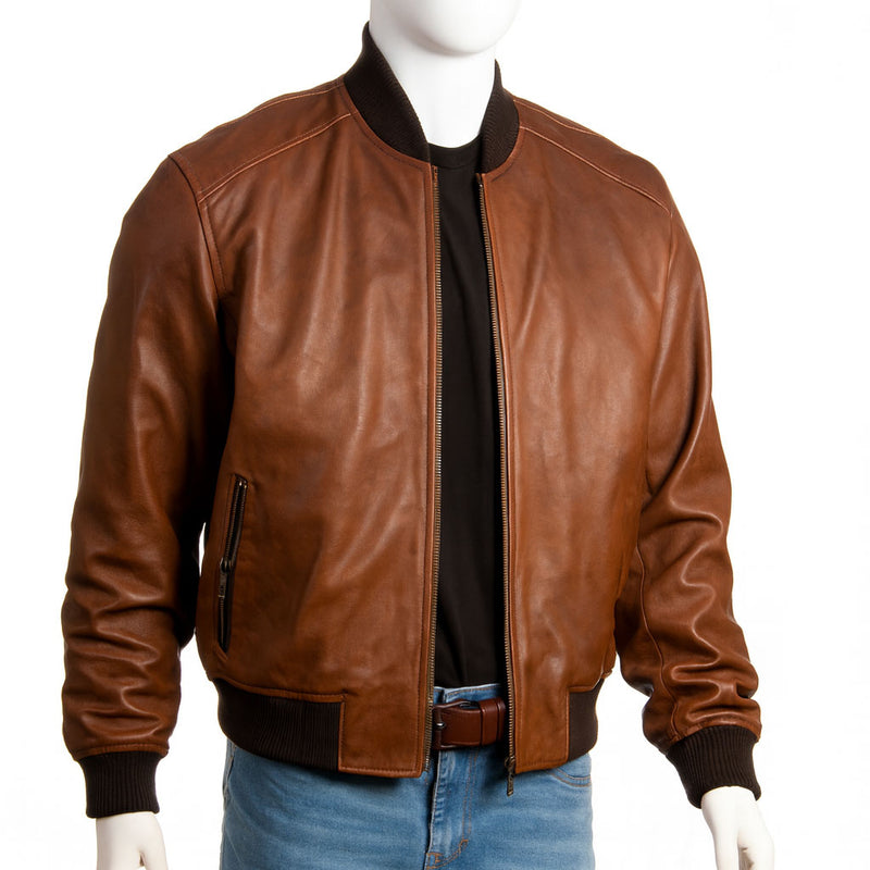 Men’s Leather Bomber Jacket – Ribbed Waist & Cuffs