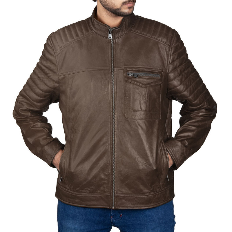 Men’s Quilted Arm Leather Jacket – Dual Chest Pocket & Urban-Stitched Sleeves