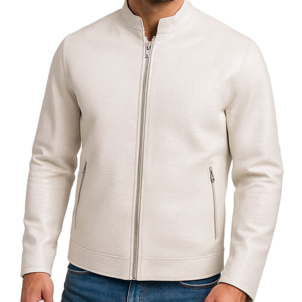 Men’s White Sheep Leather Jacket – Crocodile Texture & Minimalist Zip Design