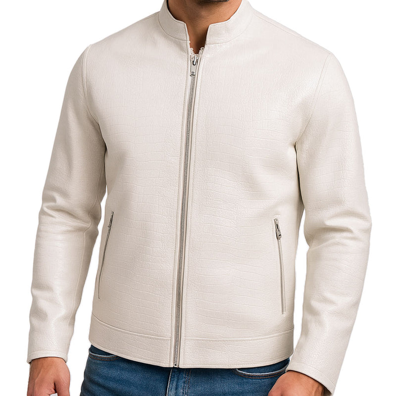 Men’s White Sheep Leather Jacket – Crocodile Texture & Minimalist Zip Design