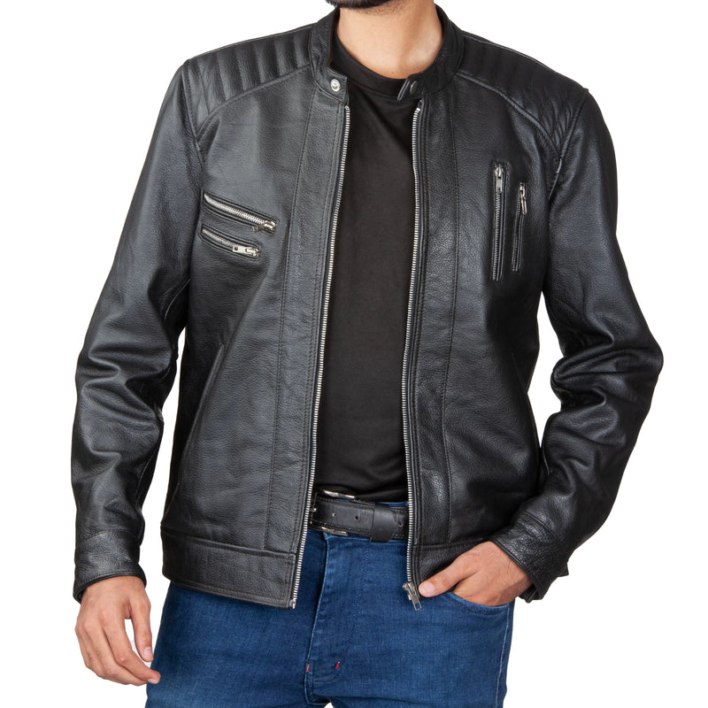 Men’s Biker Leather Jacket – Premium Quilted Shoulder & Multi-Zip Design