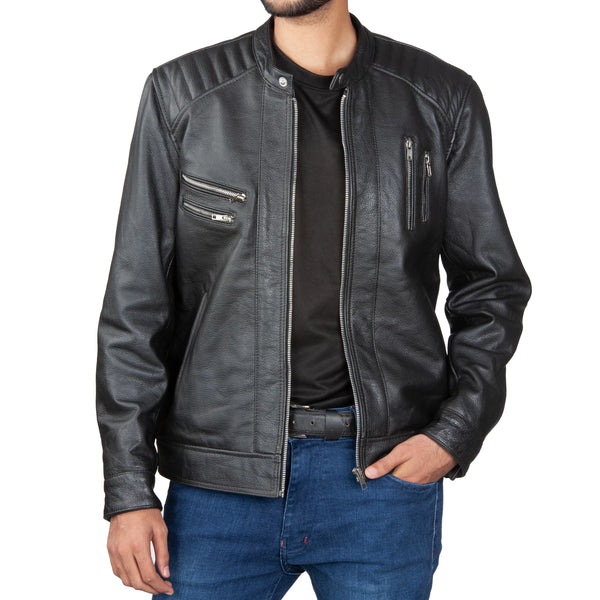 Men’s Biker Leather Jacket – Premium Quilted Shoulder & Multi-Zip Design