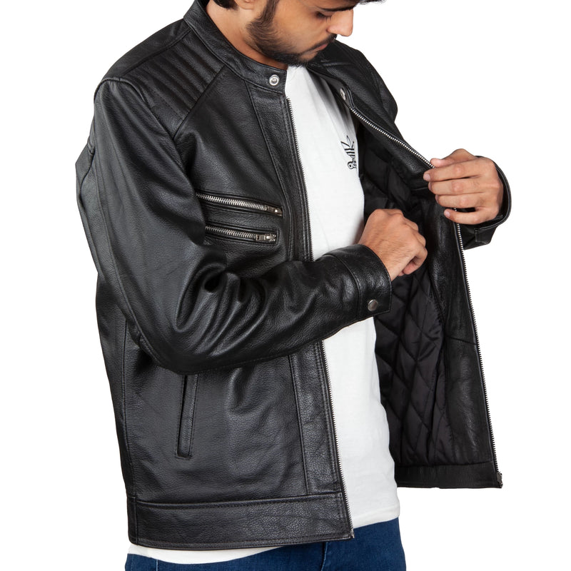 Men’s Biker Leather Jacket – Premium Quilted Shoulder & Multi-Zip Design