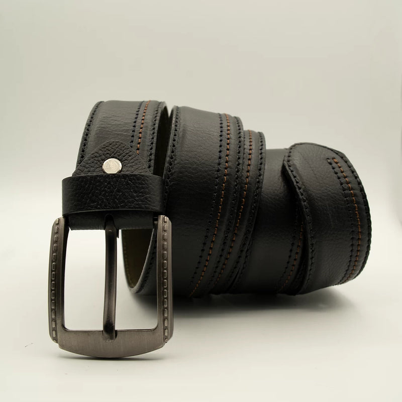 Men’s Black Leather Belt with Contrast Stitching