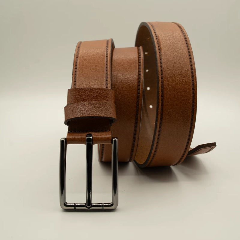 Men’s Brown Stitched Leather Belt Full Grain Cow Hide Leather