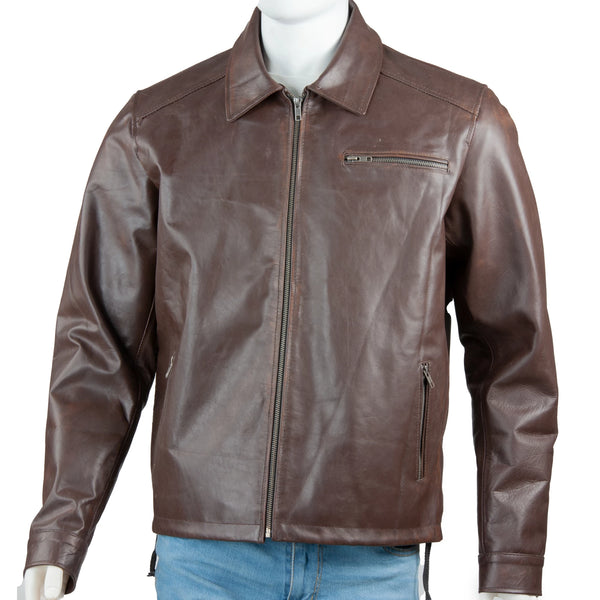 Men’s Classic Full-Grain Leather Jacket – Shirt Collar & Minimalist Front Zip
