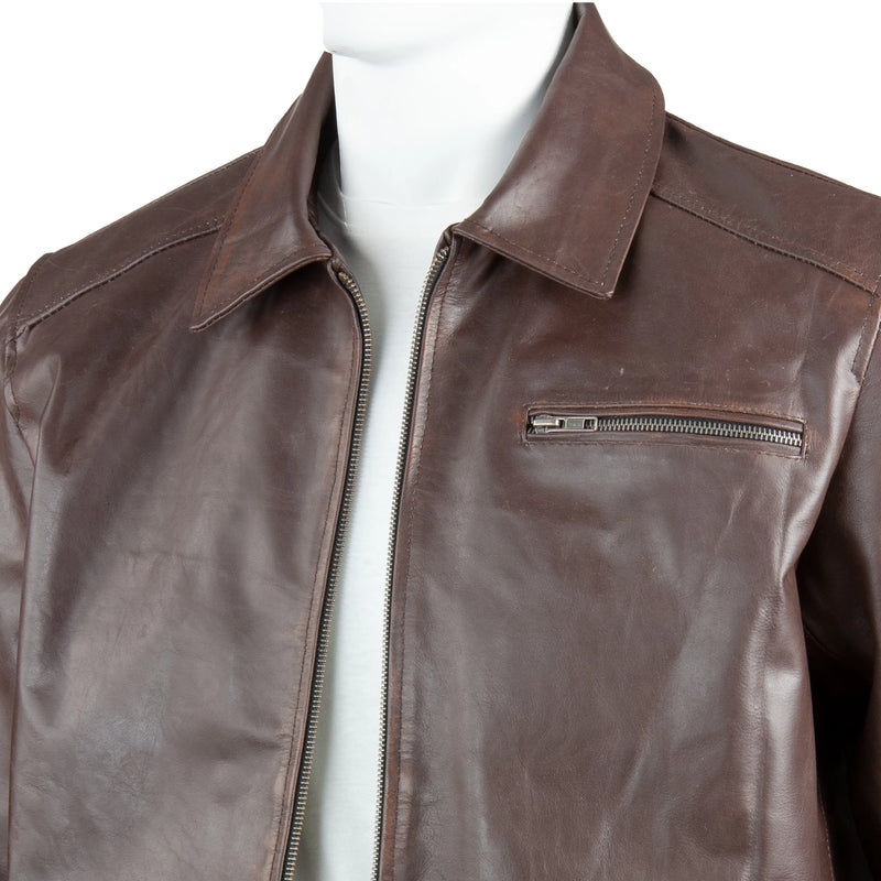 Men’s Classic Full-Grain Leather Jacket – Shirt Collar & Minimalist Front Zip