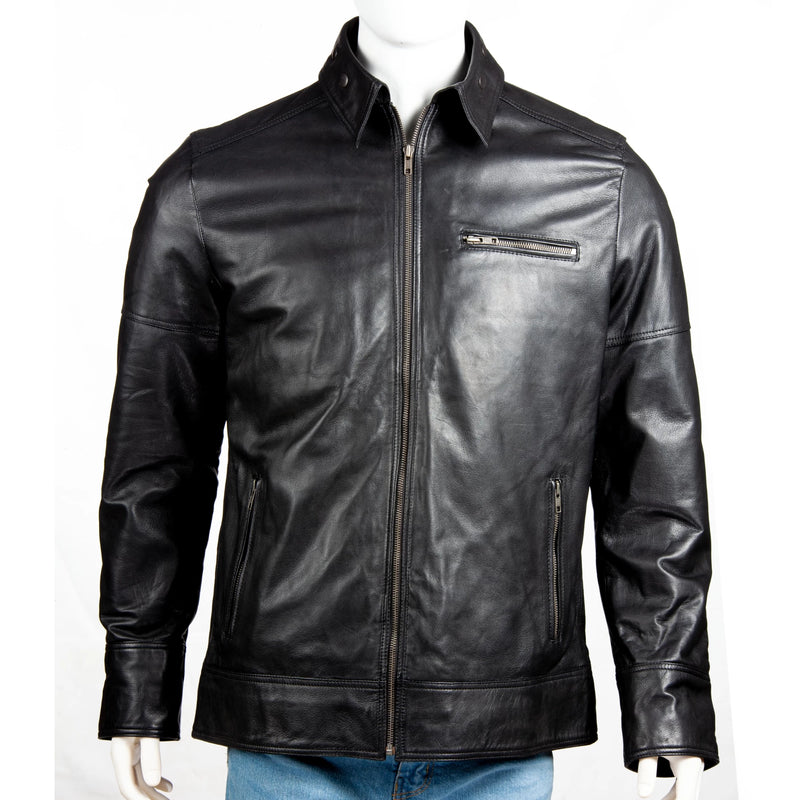 Men’s Classic Leather Jacket – Snap Collar & Clean Stitch Finish