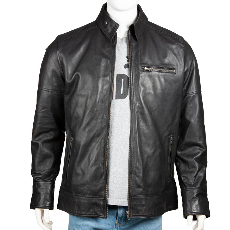 Men’s Classic Leather Jacket – Snap Collar & Clean Stitch Finish