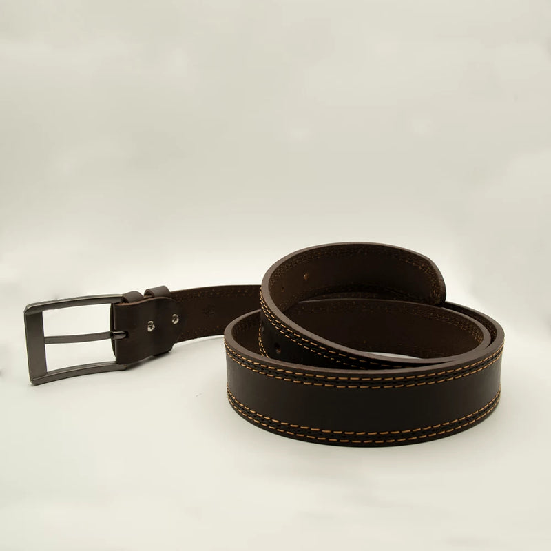 Men’s Dark Brown Leather Belt with Contrast Double Stitching