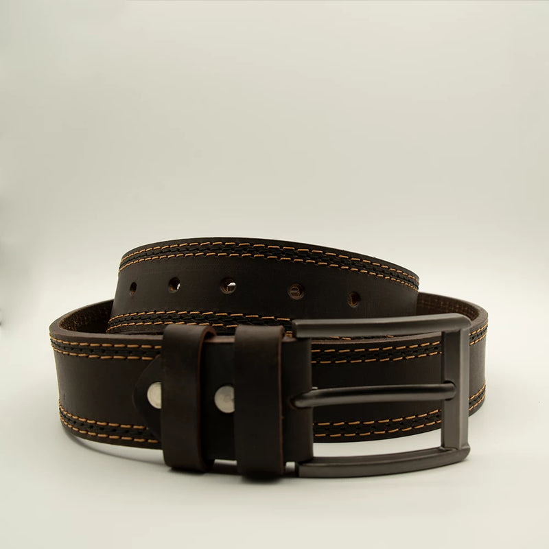 Men’s Dark Brown Leather Belt with Contrast Double Stitching