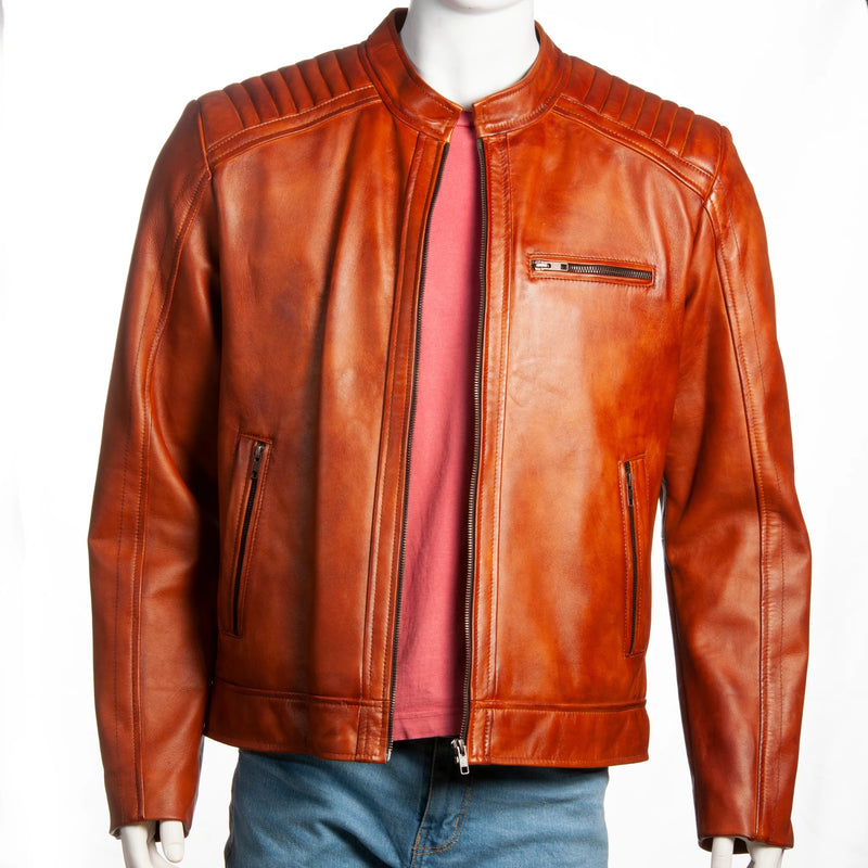 Men’s Genuine Leather Biker Jacket – Quilted Shoulders & Minimalist Design