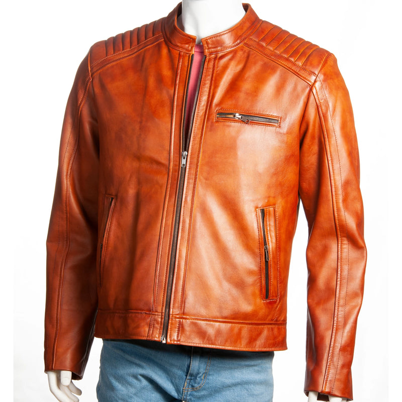 Men’s Genuine Leather Biker Jacket – Quilted Shoulders & Minimalist Design