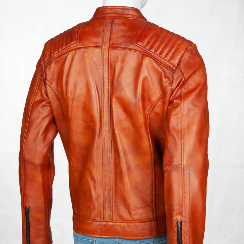 Men’s Genuine Leather Biker Jacket – Quilted Shoulders & Minimalist Design