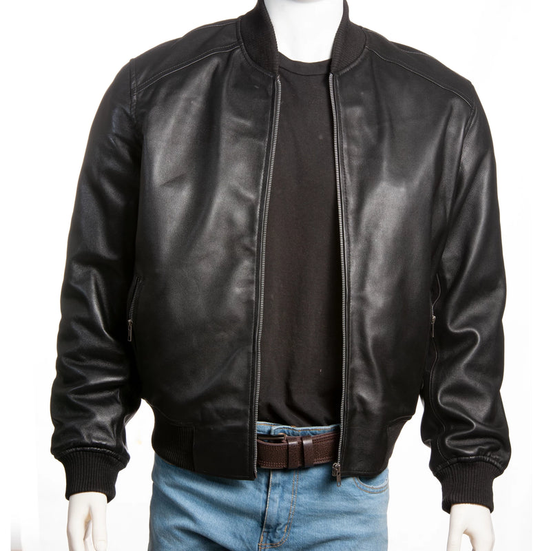 Men’s Leather Bomber Jacket – Ribbed Waist & Cuffs
