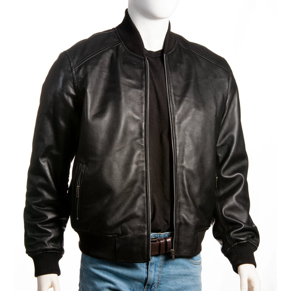 Men’s Leather Bomber Jacket – Ribbed Waist & Cuffs