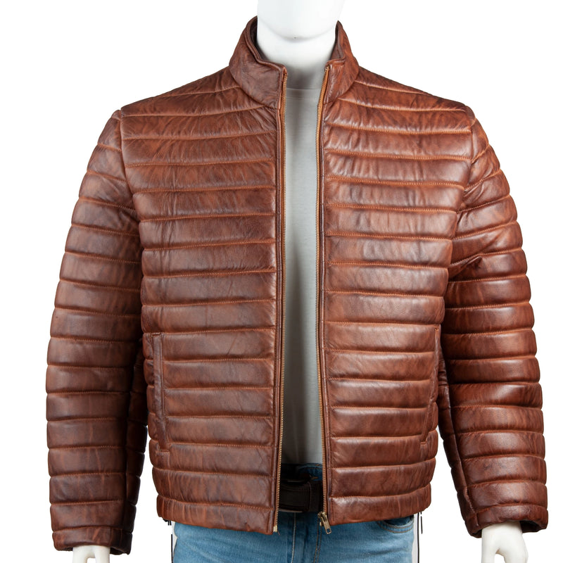 Men’s Puffer-Style Leather Jacket – Horizontal Quilted Padding