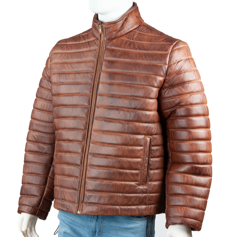 Men’s Puffer-Style Leather Jacket – Horizontal Quilted Padding