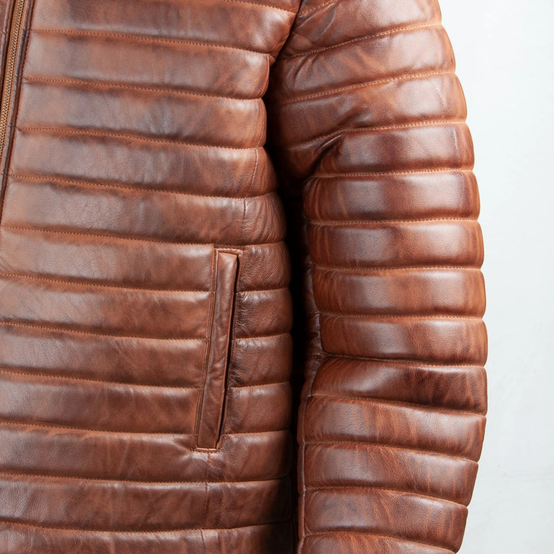 Men’s Puffer-Style Leather Jacket – Horizontal Quilted Padding