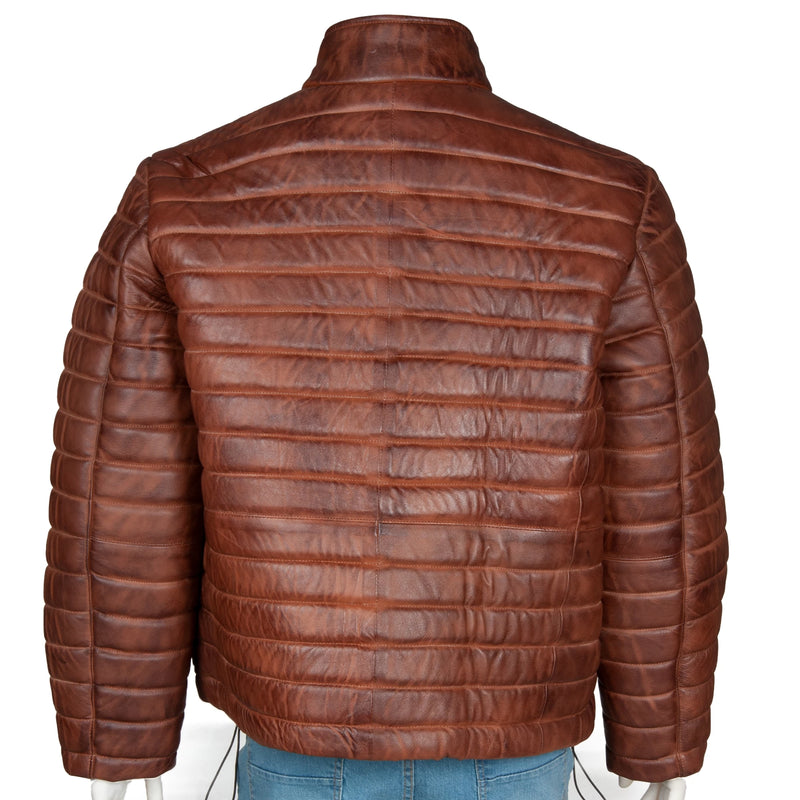 Men’s Puffer-Style Leather Jacket – Horizontal Quilted Padding