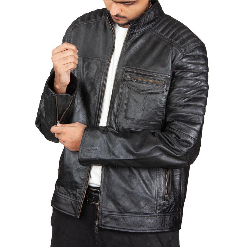 Men’s Quilted Arm Leather Jacket – Dual Chest Pocket & Urban-Stitched Sleeves