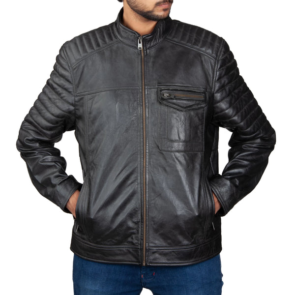 Men’s Quilted Arm Leather Jacket – Dual Chest Pocket & Urban-Stitched Sleeves