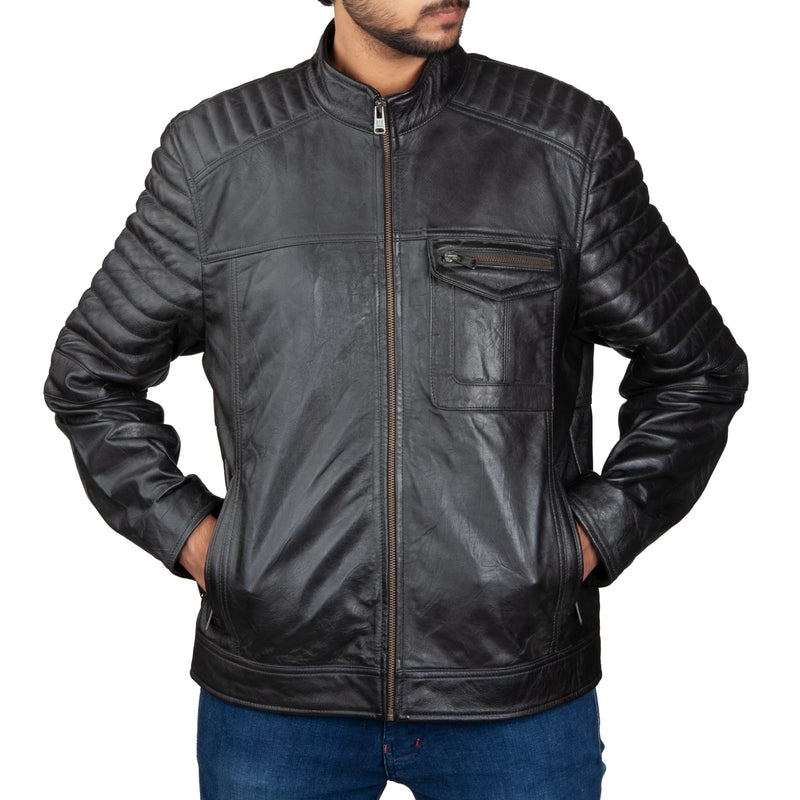 Men’s Quilted Arm Leather Jacket – Dual Chest Pocket & Urban-Stitched Sleeves