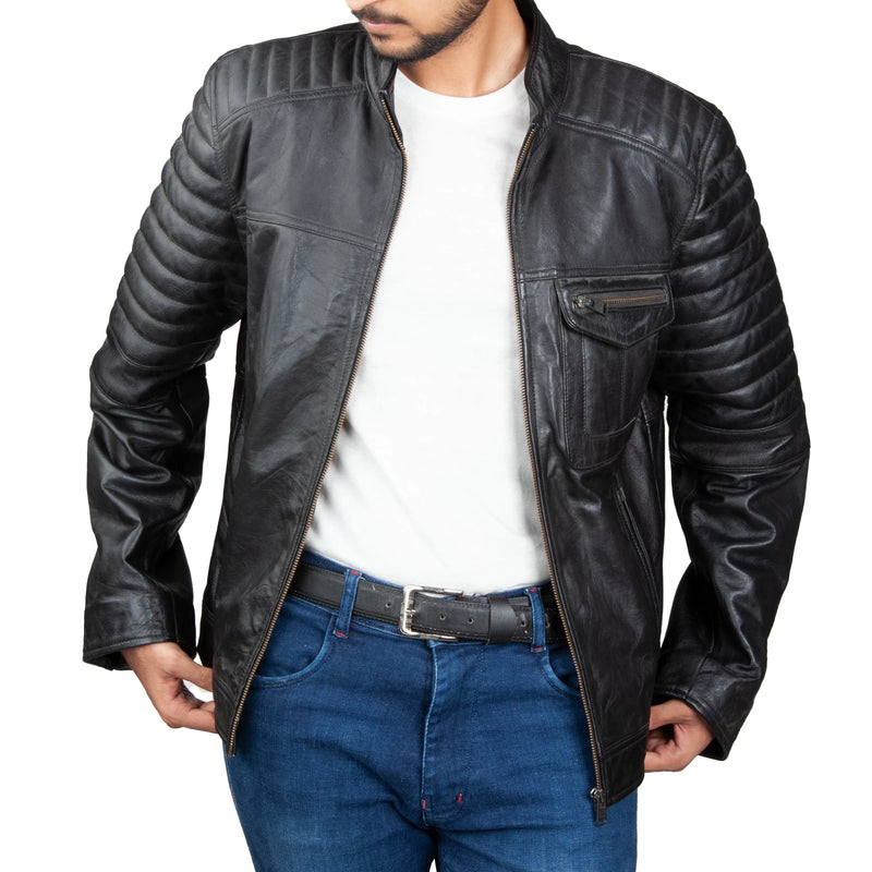 Men’s Quilted Arm Leather Jacket – Dual Chest Pocket & Urban-Stitched Sleeves