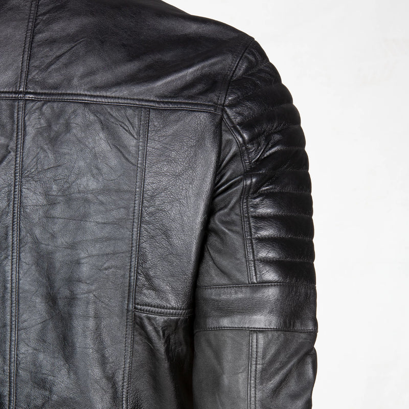 Men’s Quilted Arm Leather Jacket – Dual Chest Pocket & Urban-Stitched Sleeves