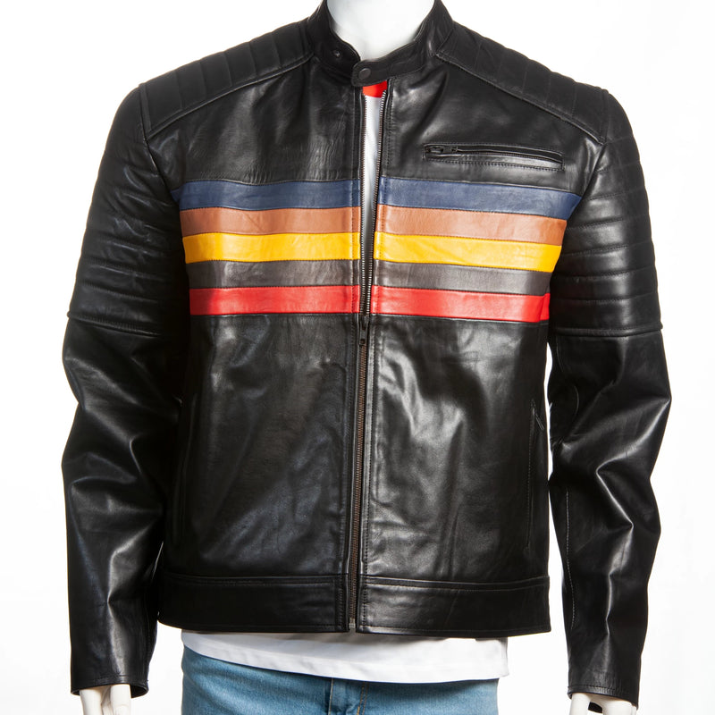 Men’s Retro Racer Black Leather Jacket – Multicolor Stripe Panel Design