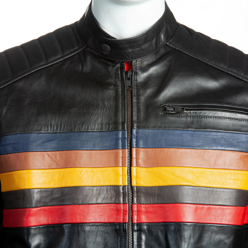 Men’s Retro Racer Black Leather Jacket – Multicolor Stripe Panel Design