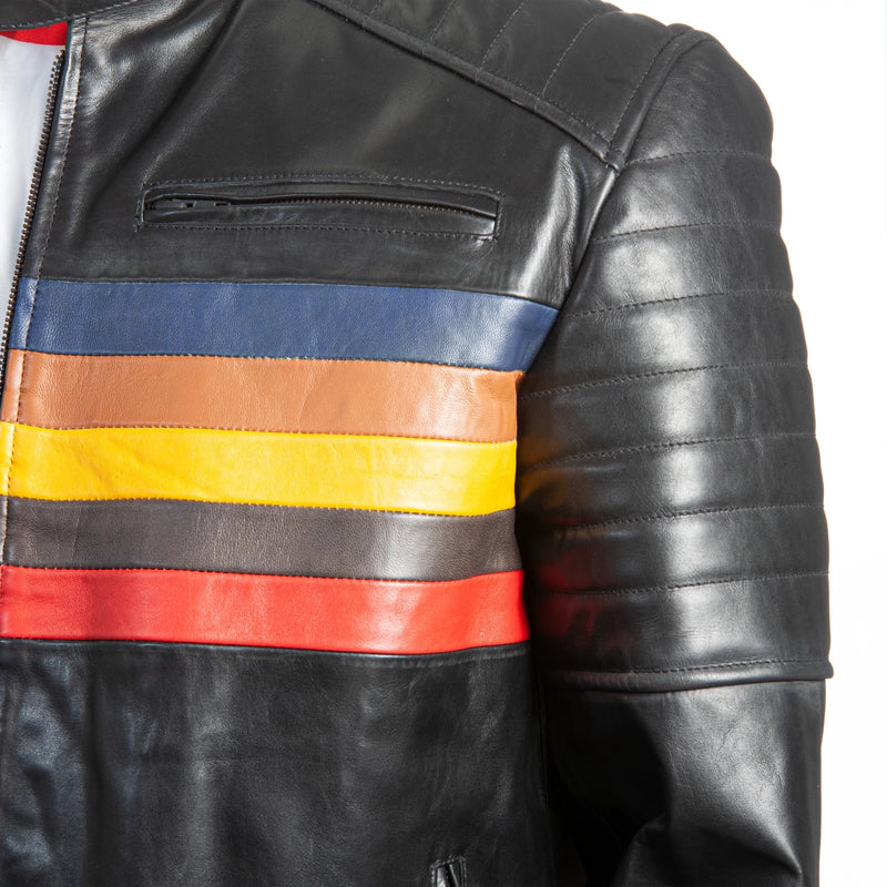 Men’s Retro Racer Black Leather Jacket – Multicolor Stripe Panel Design