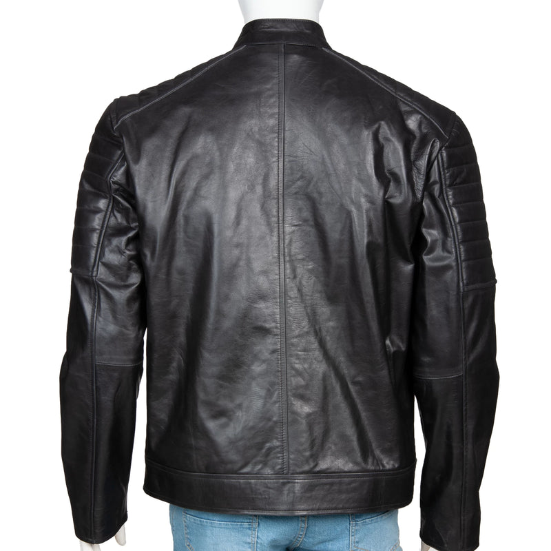 Men’s Retro Racer Black Leather Jacket – Multicolor Stripe Panel Design