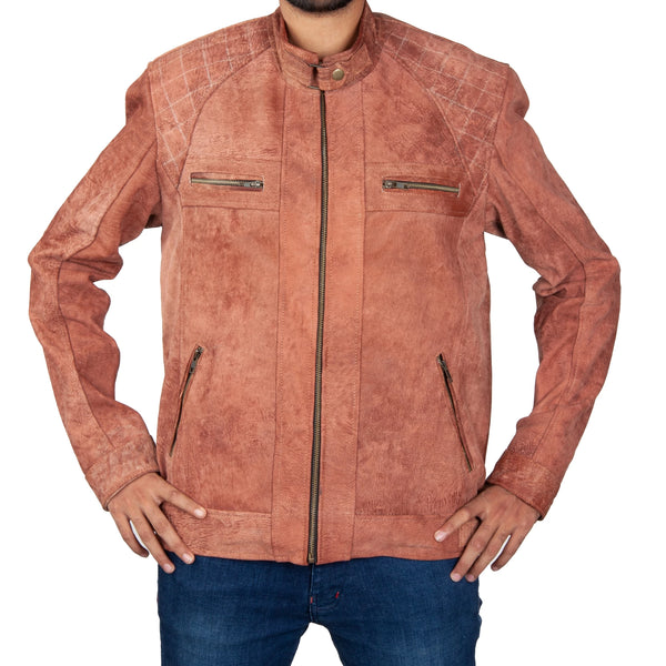 Men’s Rust Suede Leather Jacket – Quilted Shoulders & Streamlined Zip Pockets