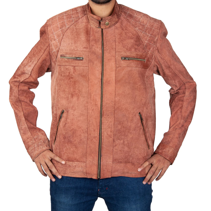 Men’s Rust Suede Leather Jacket – Quilted Shoulders & Streamlined Zip Pockets