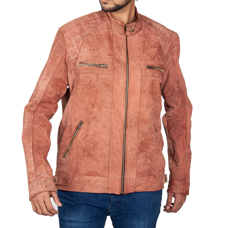 Men’s Rust Suede Leather Jacket – Quilted Shoulders & Streamlined Zip Pockets