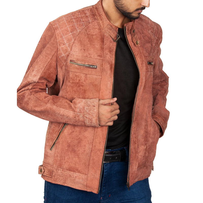 Men’s Rust Suede Leather Jacket – Quilted Shoulders & Streamlined Zip Pockets