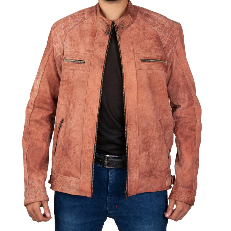 Men’s Rust Suede Leather Jacket – Quilted Shoulders & Streamlined Zip Pockets