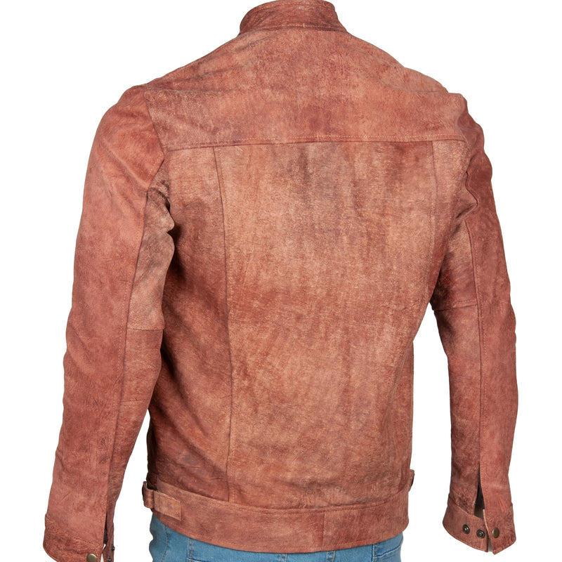 Men’s Rust Suede Leather Jacket – Quilted Shoulders & Streamlined Zip Pockets