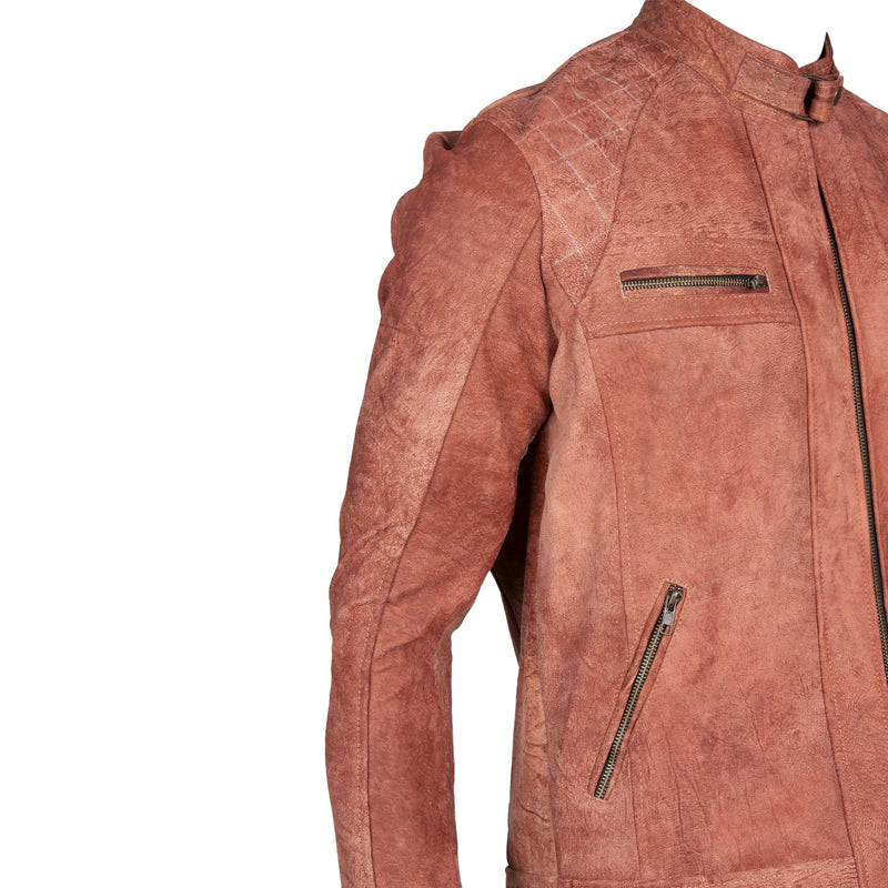 Men’s Rust Suede Leather Jacket – Quilted Shoulders & Streamlined Zip Pockets