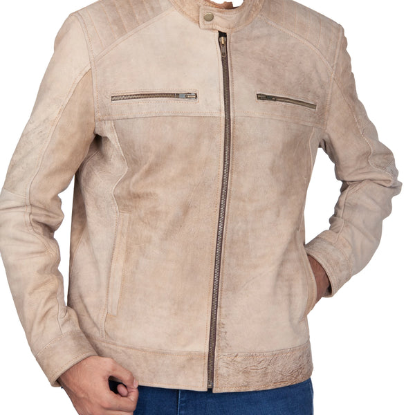 Men’s Suede Leather Jacket – Quilted Shoulders & Zip Pockets