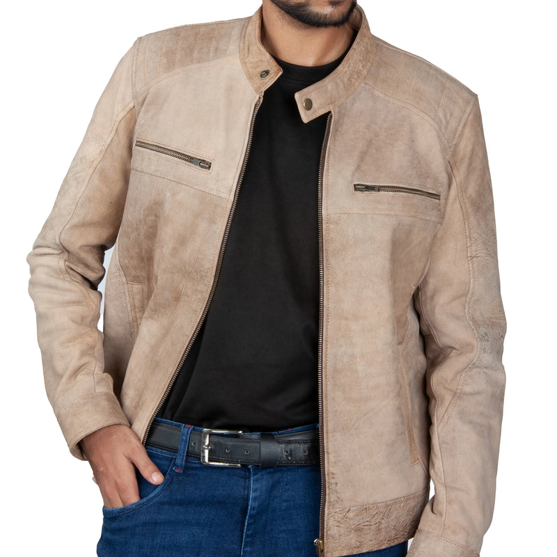Men’s Suede Leather Jacket – Quilted Shoulders & Zip Pockets