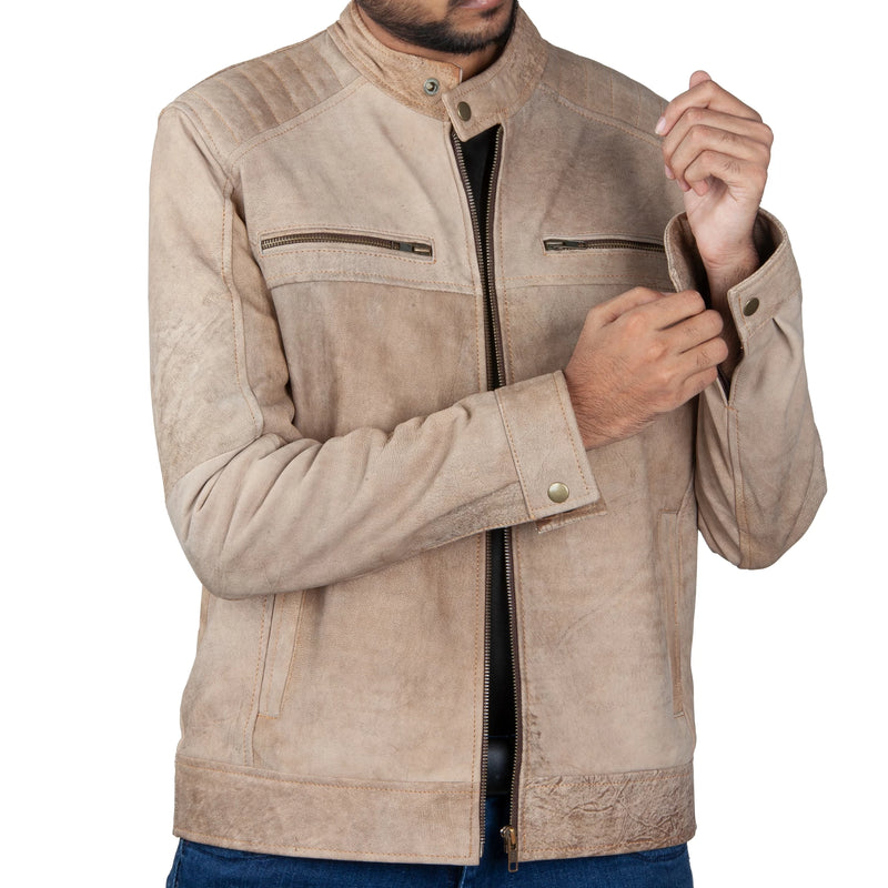Men’s Suede Leather Jacket – Quilted Shoulders & Zip Pockets